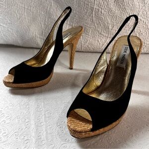 Steve Madden Apres Woven Rafita 5 inch Heels Size 8.5 Black Sling Back Peep Toe
